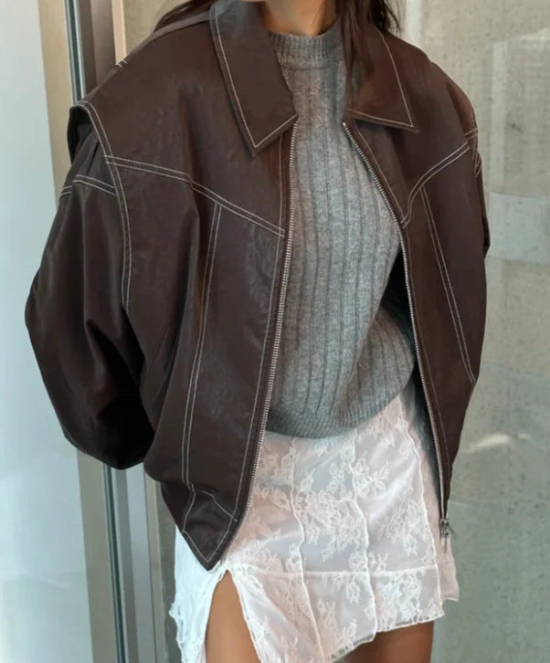 Women's Motorcycle Jacket – Loose Fit with Zipped Lapel Collar