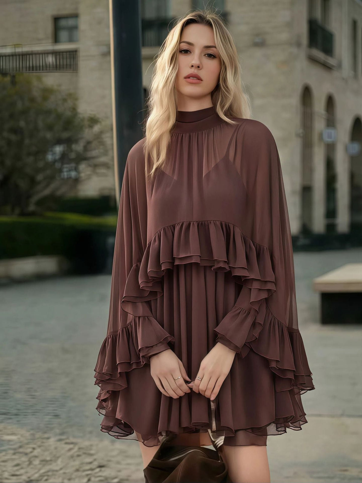 Women's Chiffon-Style Midi Dress – Elegant Ruffles