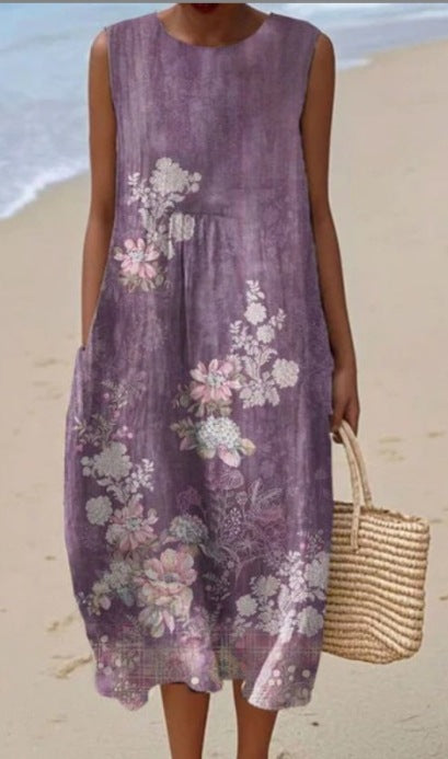 Women's Sleeveless Midi Dress – Casual Fit Elegant Print