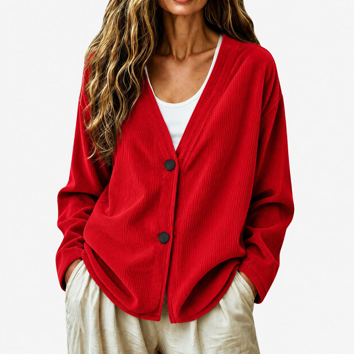 Women's Corduroy-Effect Cardigan – Relaxed Buttoned Fit