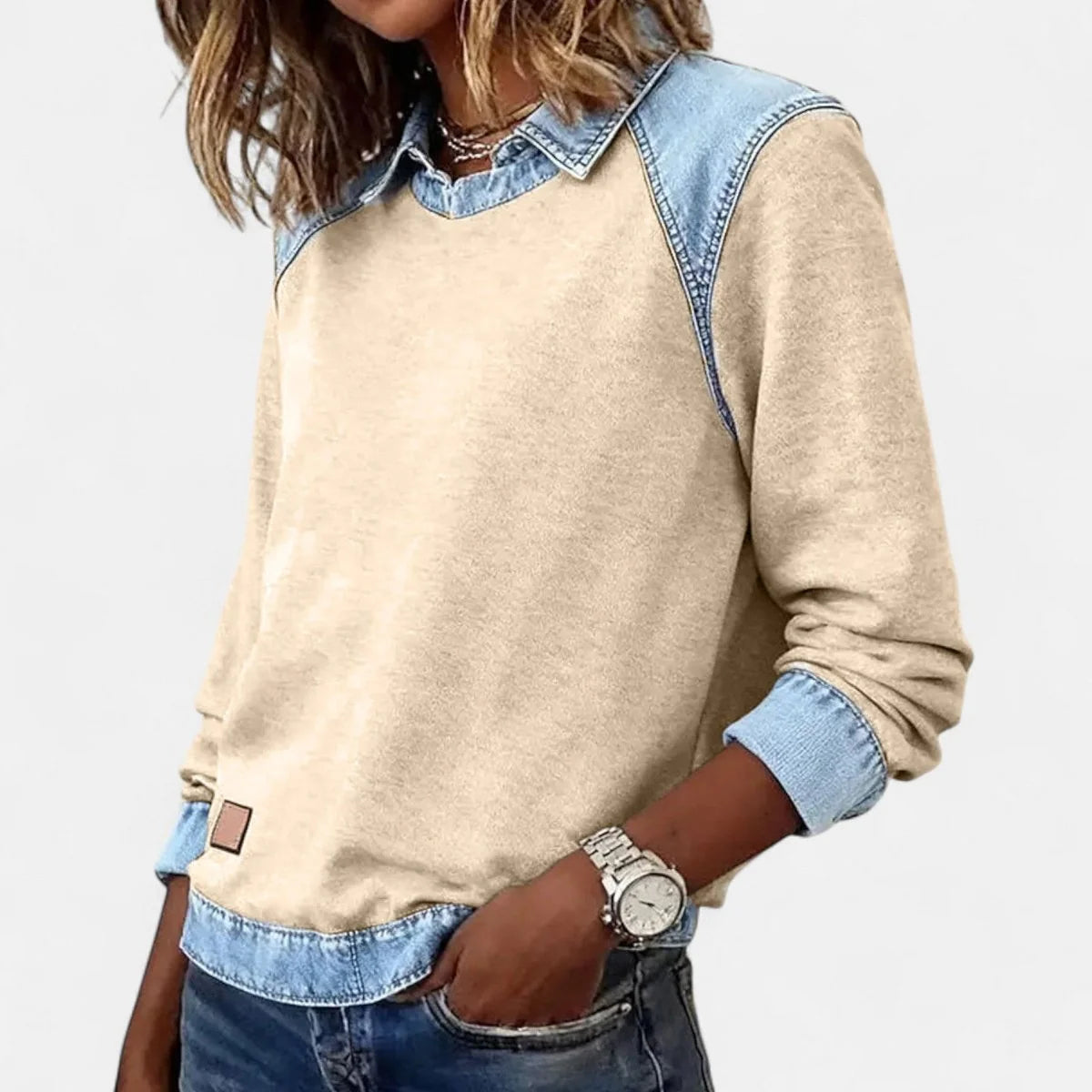 Women's Knit Sweater – Contrasting Denim Shirt Collar