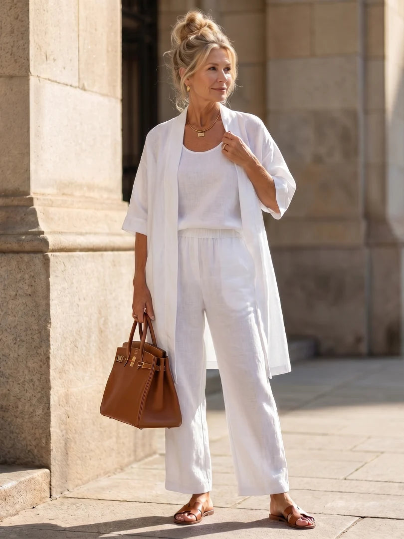 Women's Three-Piece Set – Mid-Length Cardigan, Tank Top and Straight-Leg Trousers