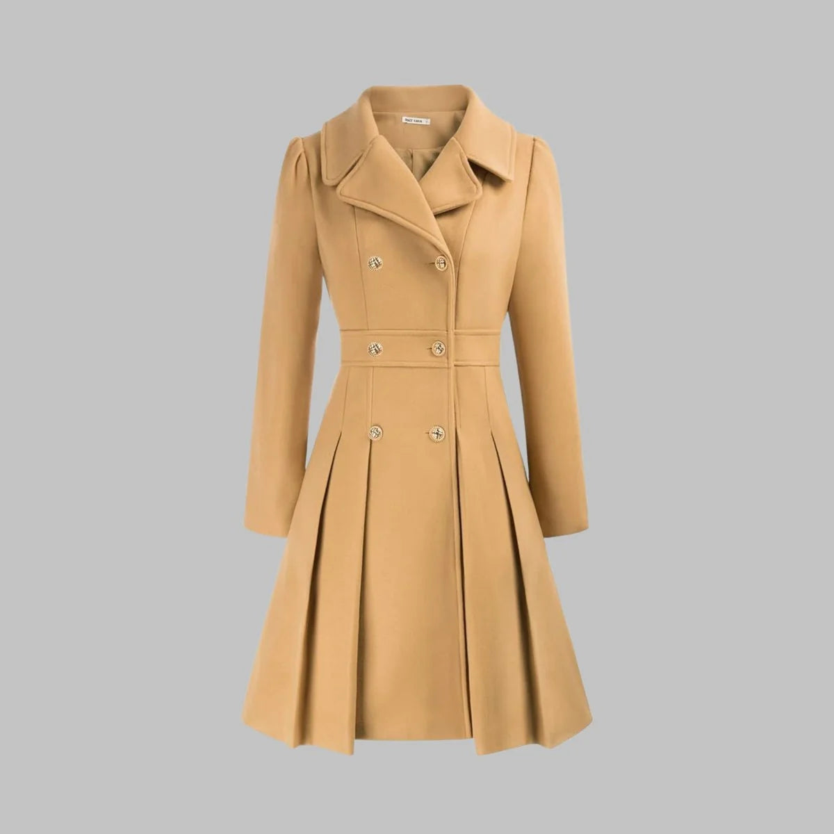 Women's A-Line Double-Breasted Coat - Pleated waist detail