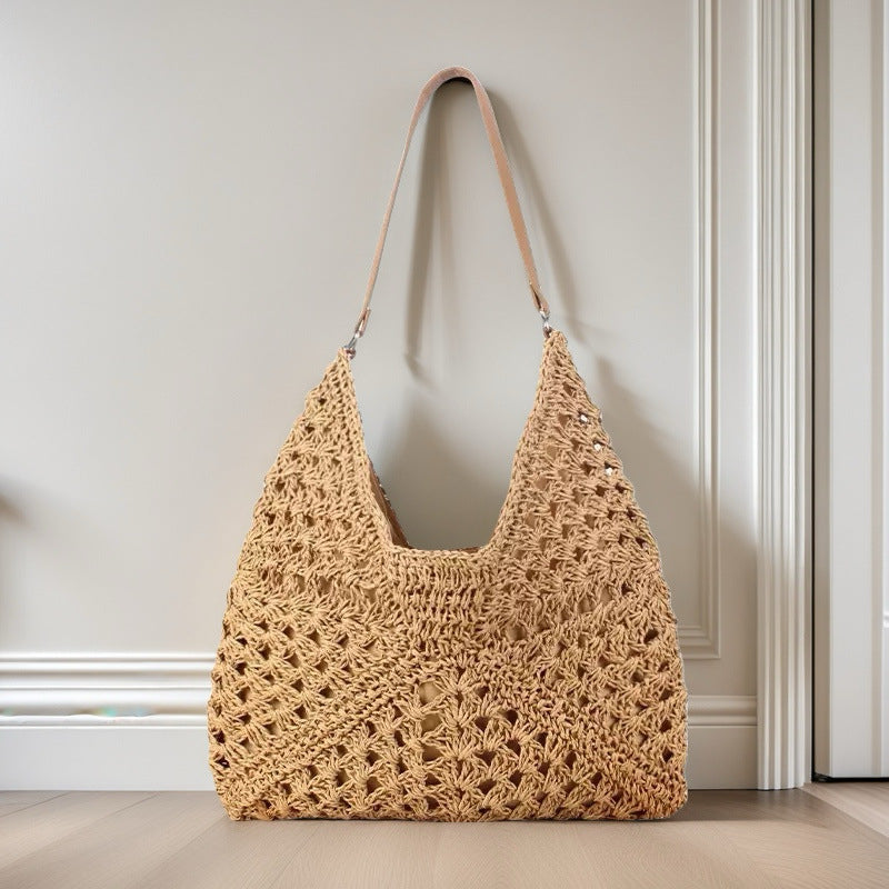 Women's Shoulder Bag Handwoven in Straw – Openwork Contrasting Weave