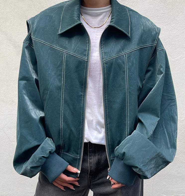 Women's Motorcycle Jacket – Loose Fit with Zipped Lapel Collar