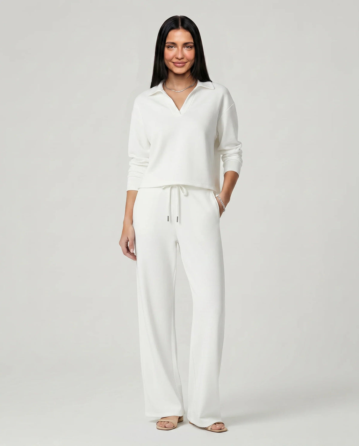Women's Two-Piece Set – Relaxed V-Neck Top and Wide-Leg Trousers