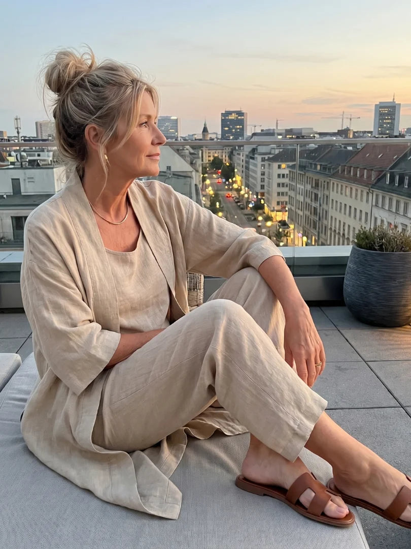 Women's Three-Piece Set – Mid-Length Cardigan, Tank Top and Straight-Leg Trousers