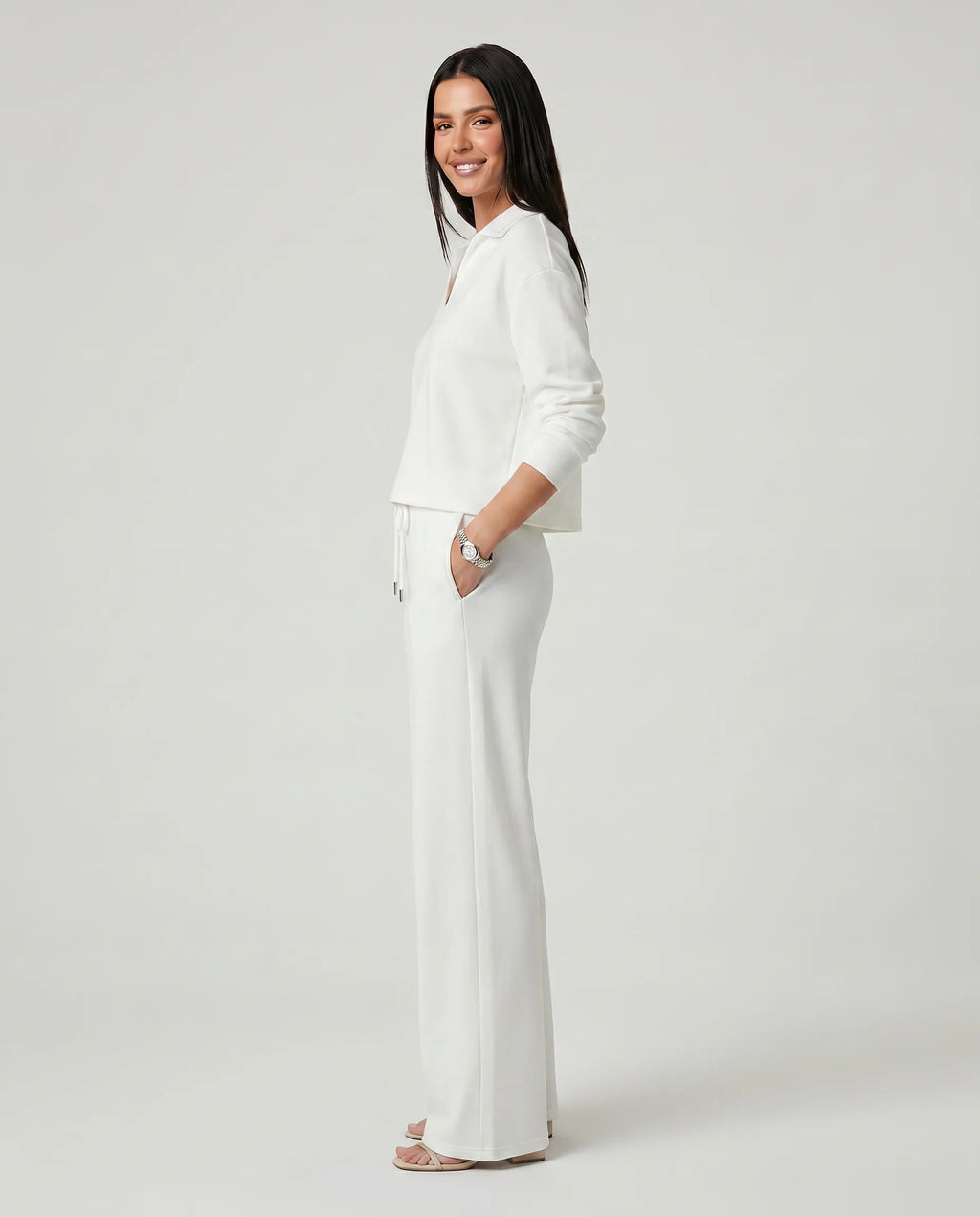 Women's Two-Piece Set – Relaxed V-Neck Top and Wide-Leg Trousers