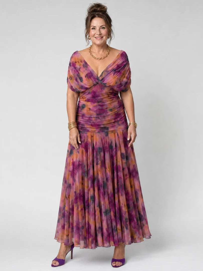 Women's Maxi Chiffon Dress – V-Neck Print, Short Sleeves