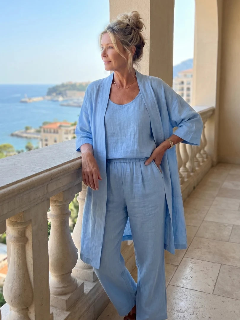 Women's Three-Piece Set – Mid-Length Cardigan, Tank Top and Straight-Leg Trousers