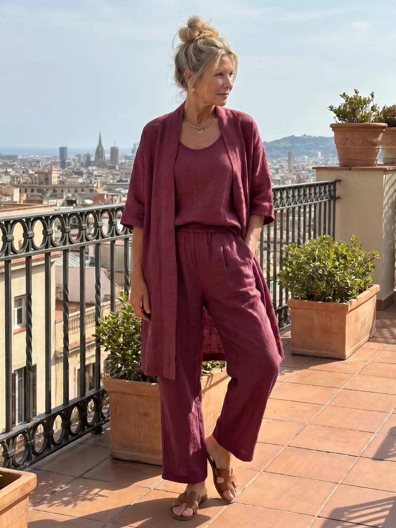 Women's Three-Piece Set – Mid-Length Cardigan, Tank Top and Straight-Leg Trousers