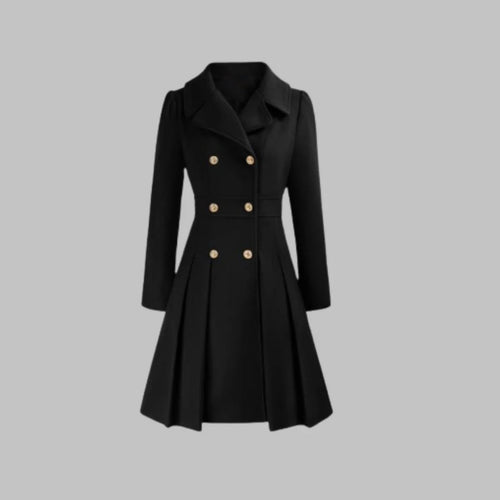 Women's A-Line Double-Breasted Coat - Pleated waist detail