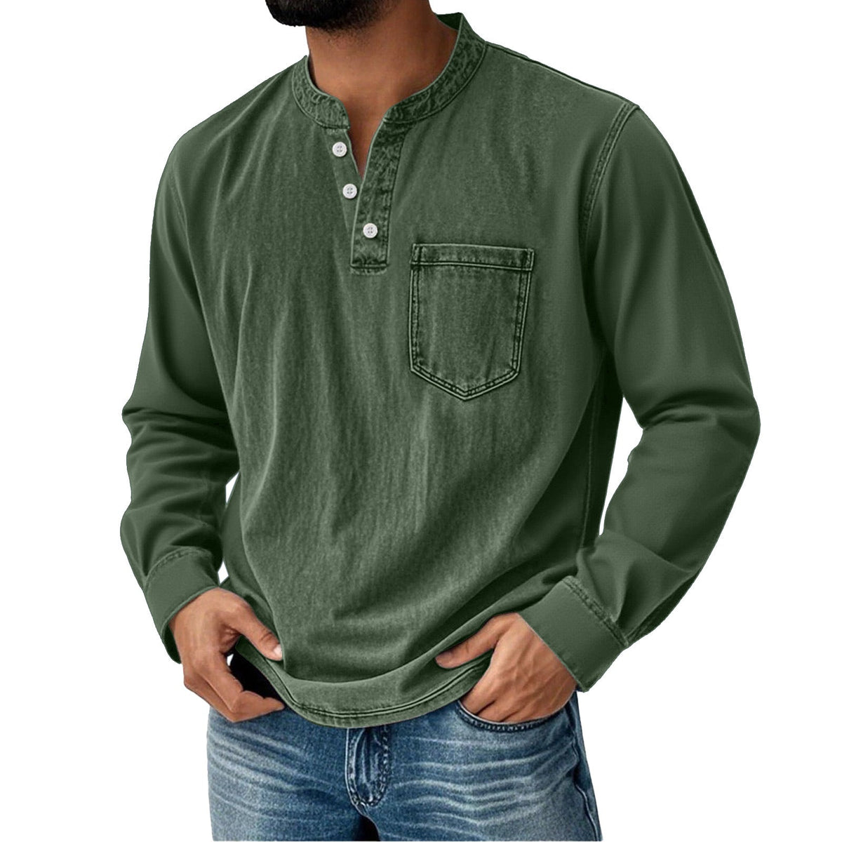 Long-Sleeve Men's Henley – Slim Fit with Three Buttons