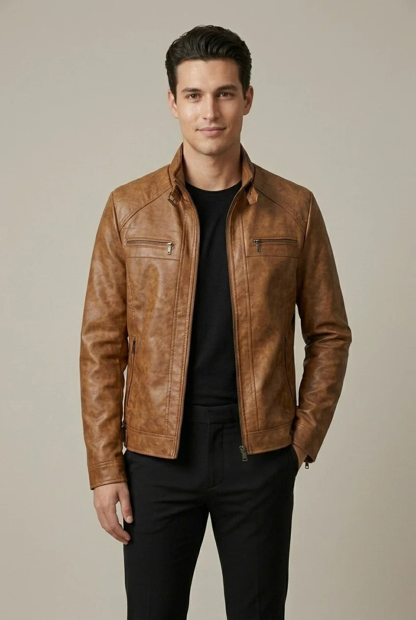 Men's Stand-Collar Jacket – Zipper Closure with Faux-Leather Finish