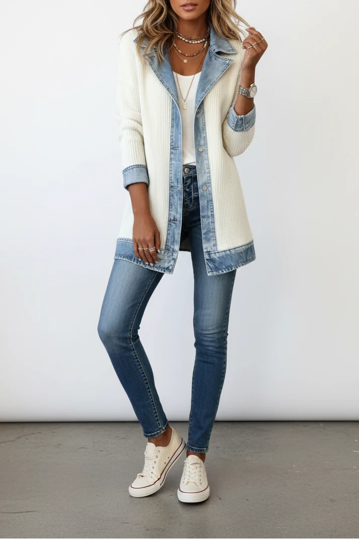 Women’s Coat Patchwork Notched Collar – Fitted Retro Style