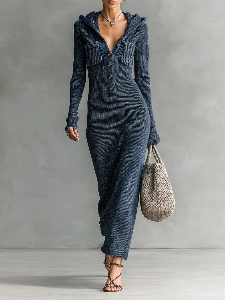 Long Knitted Dress for Women – Fitted Hooded Straight Fit