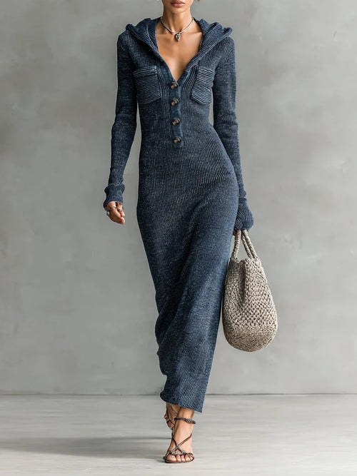 Long Knitted Dress for Women – Fitted Hooded Straight Fit