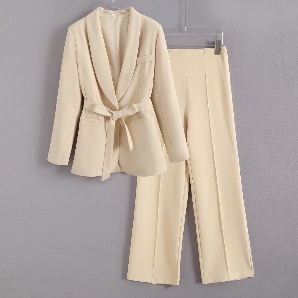Women's Blazer and Pants Set – Elegant Waist-Tied Size
