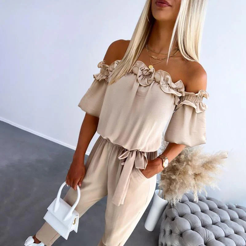Women's Jumpsuit Smooth Fabric – Off-Shoulder, Ruffles, Tapered Fit