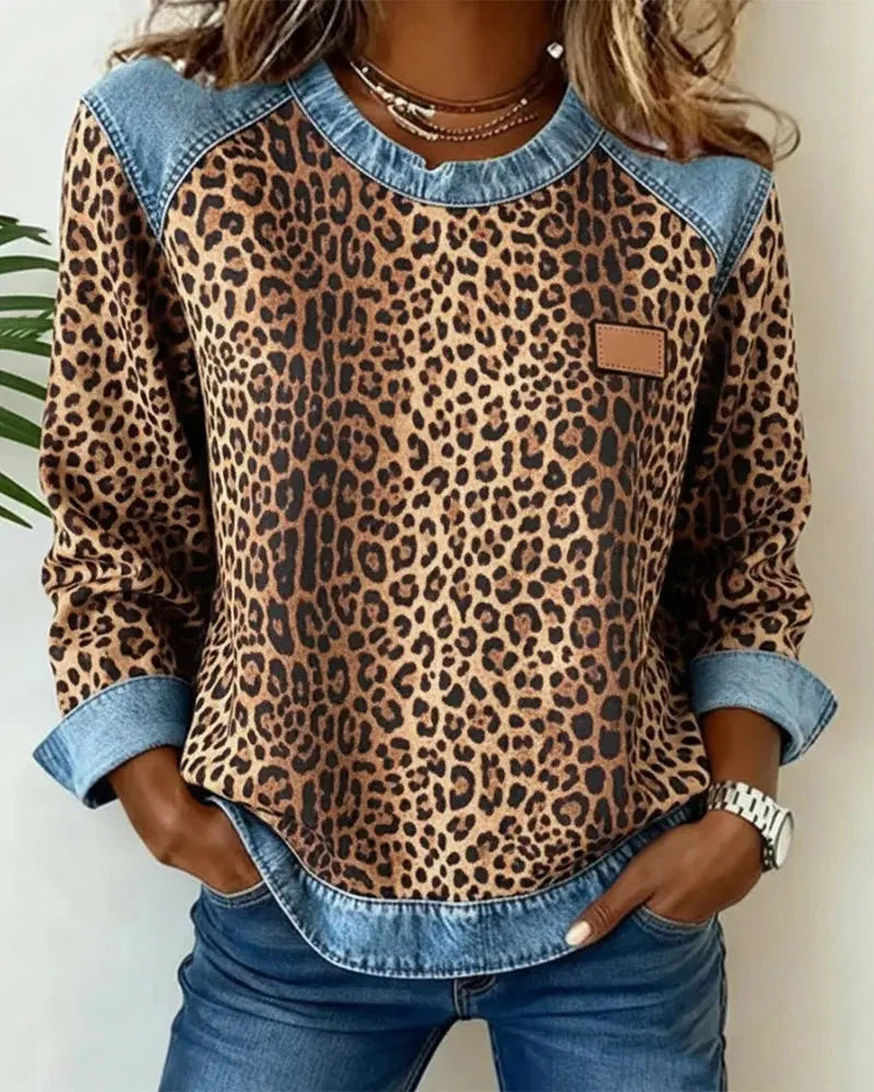Women's Patchwork Sweatshirt – Crew Neck, Embossed Floral Pattern