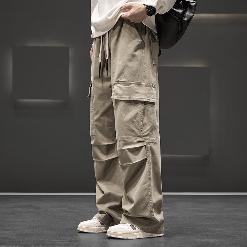 Men's Wide Cargo Pants – Lightweight Textured Fabric with Elastic Waistband