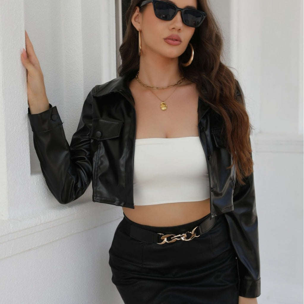 Women's Faux Leather Cropped Jacket – Slim Fit, Buttons