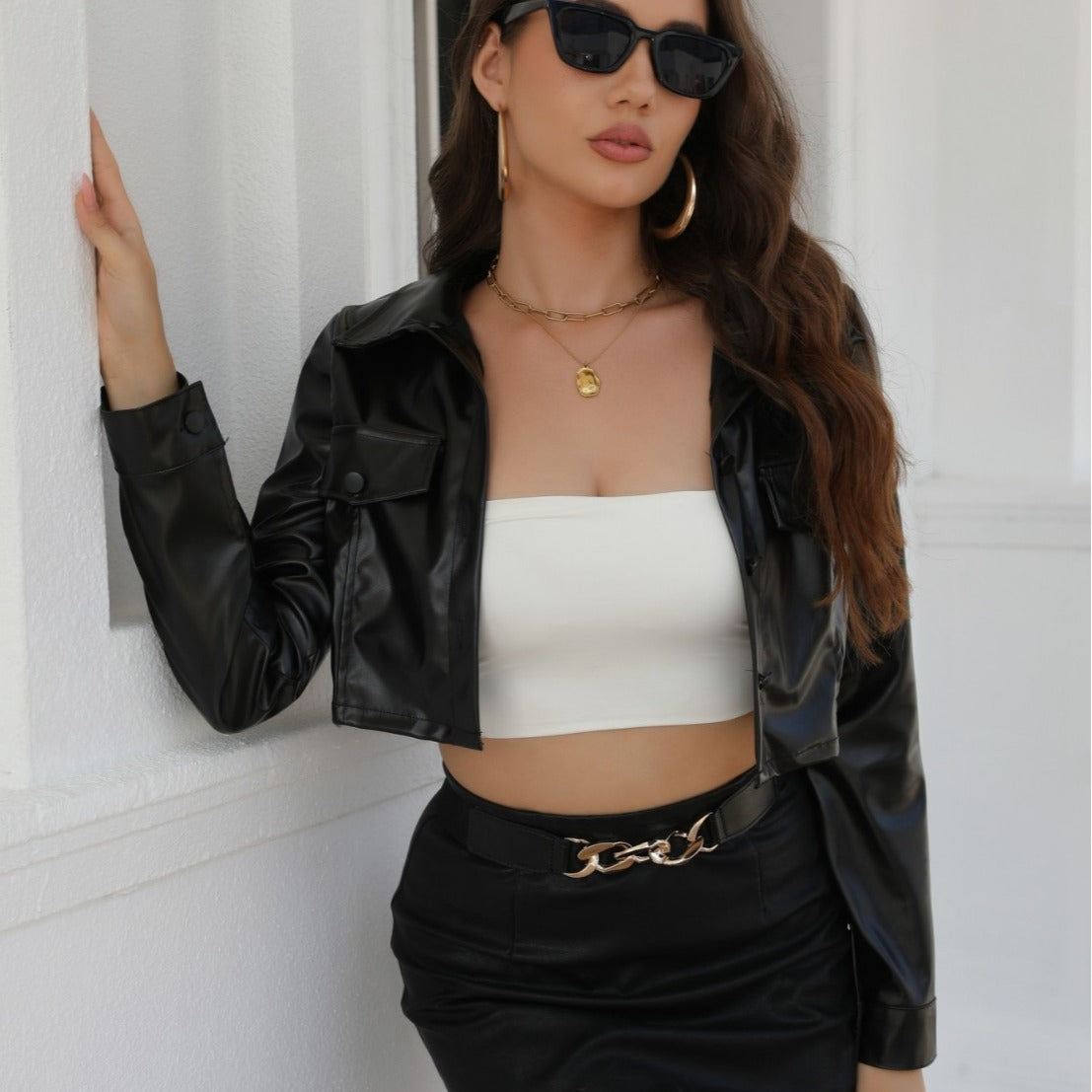 Women's Faux Leather Cropped Jacket – Slim Fit, Buttons
