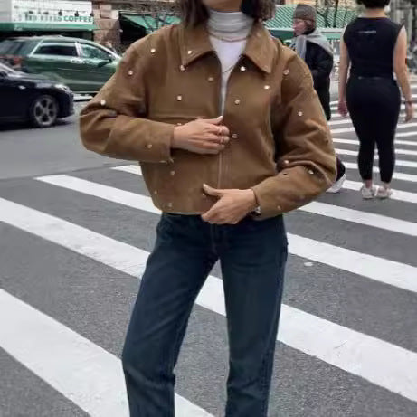 Men's Suede-Look Studded Jacket – Stylish Vintage Collar