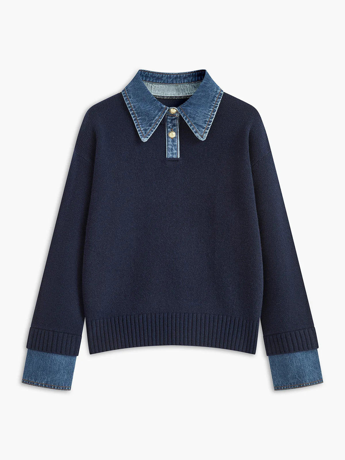 Women's Layered-Effect Knit Sweater – Denim Shirt Collar