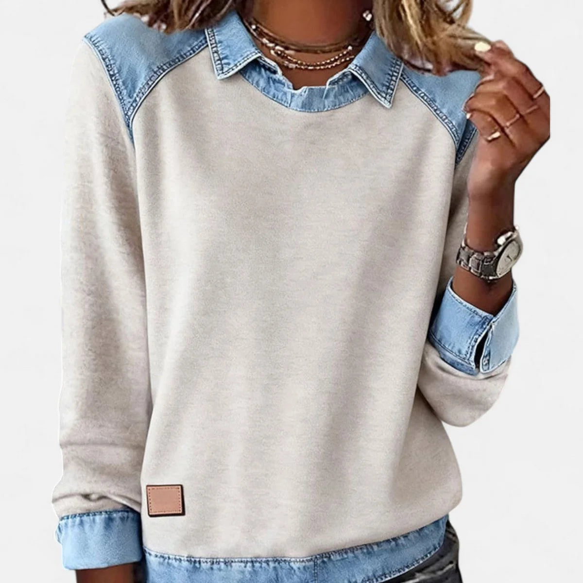 Women's Knit Sweater – Contrasting Denim Shirt Collar