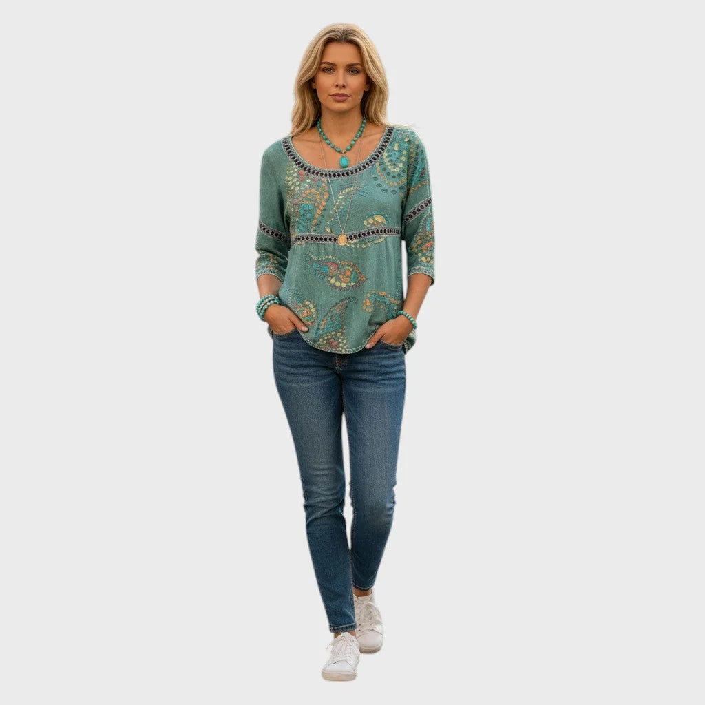 Women's 3D Floral Pattern Top – Round Neck, Relaxed Fit