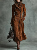 Women's Long Faux Suede Coat – Modern Notched-Collar Silhouette