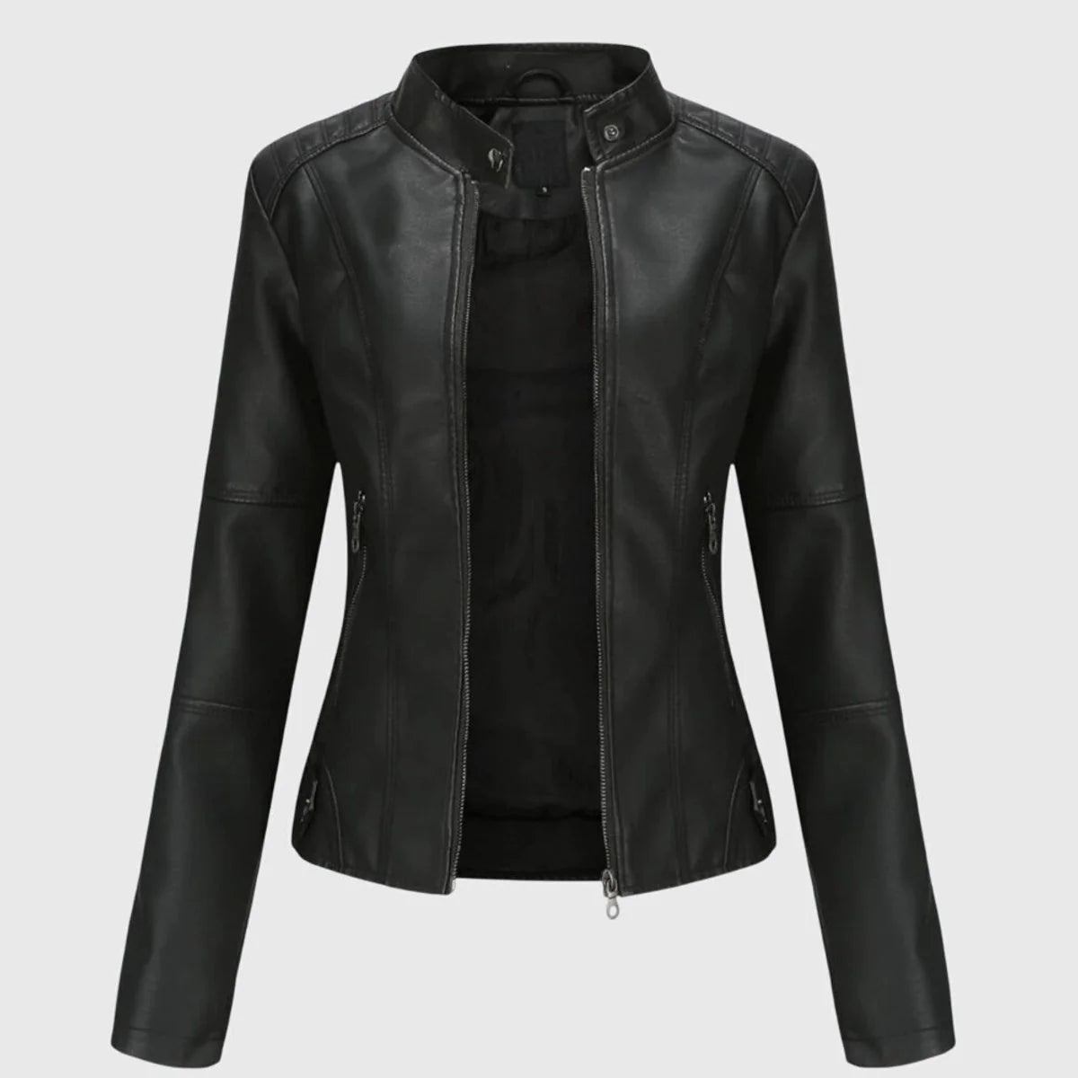 Women's Long Vegan Jacket – Slim Fit Modern Stand Collar