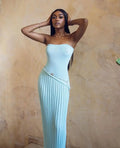 Women's Long Strapless Dress – Twisted Pleated Flower Detail