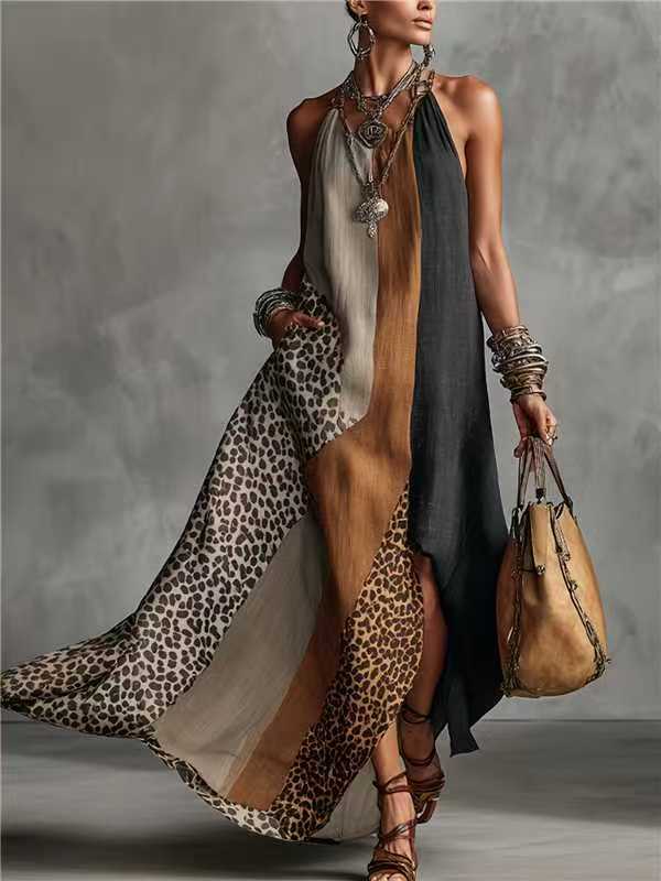 Women's Long Sleeveless Dress – Leopard Print, Flowing Fit