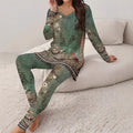 Vintage Two-Piece Women’s Set – Floral V-Neck Top & Leggings