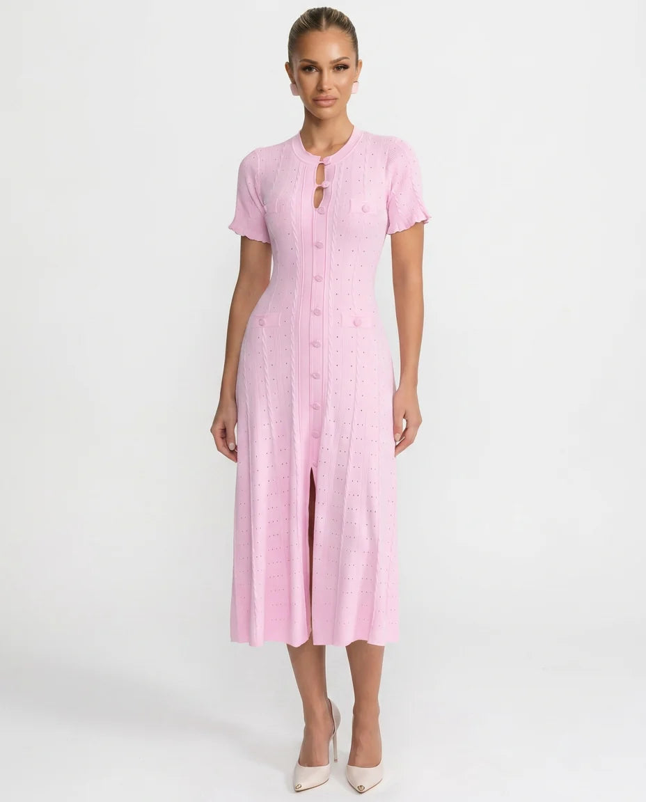 Women's Ribbed Knit Dress – Elegant Button Fastening and Midi Fit