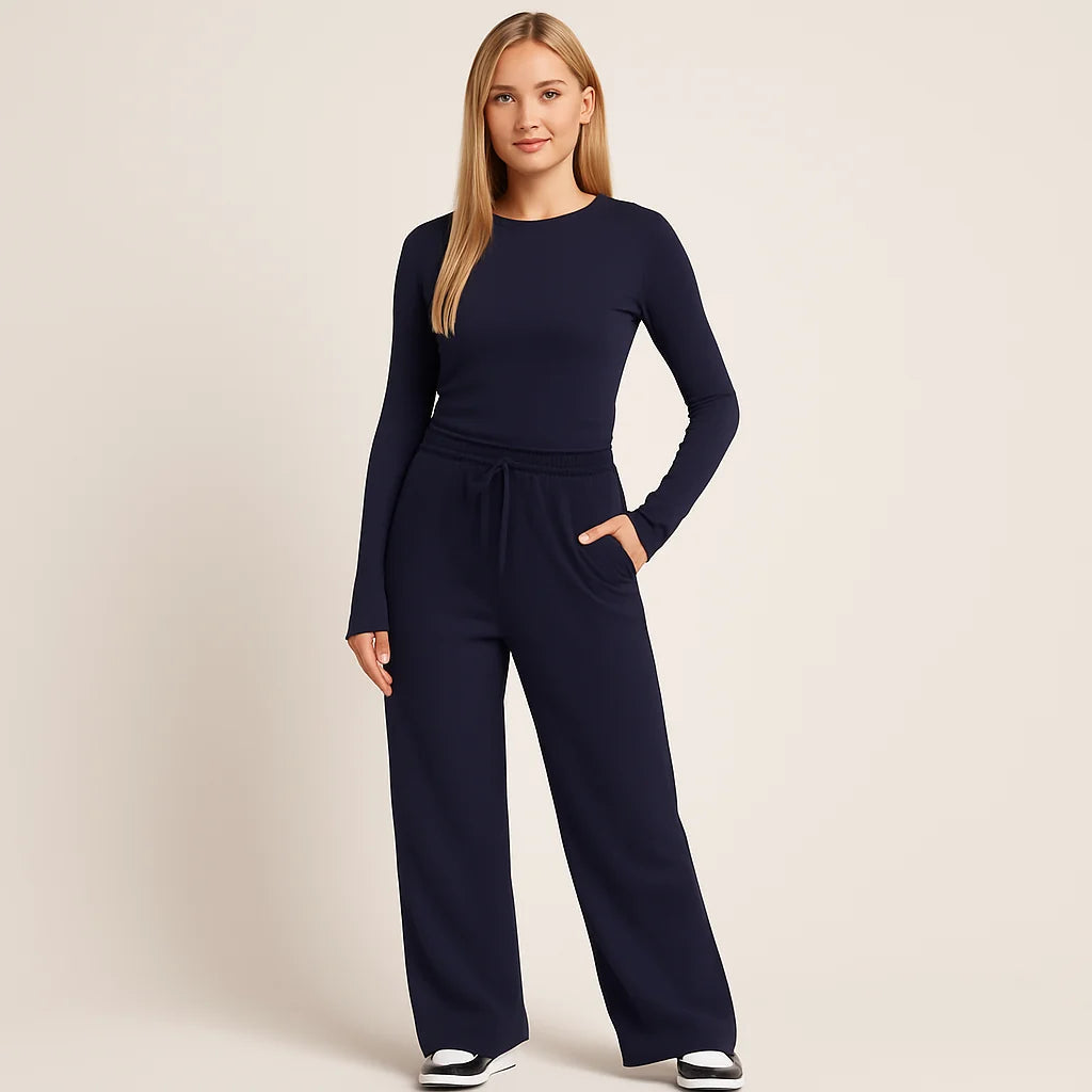 Women's Two-Piece Set - High-Waisted Wide-Leg Trousers & Long-Sleeved Top