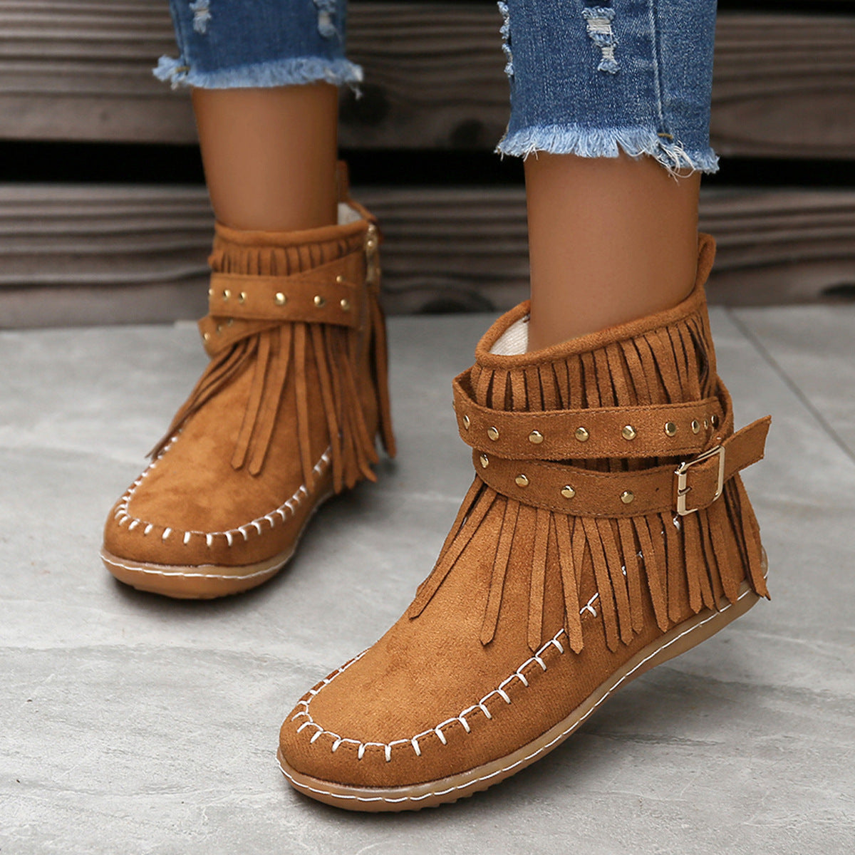 Women's Suede Ankle Boots – Casual Fringes & Flat Heel