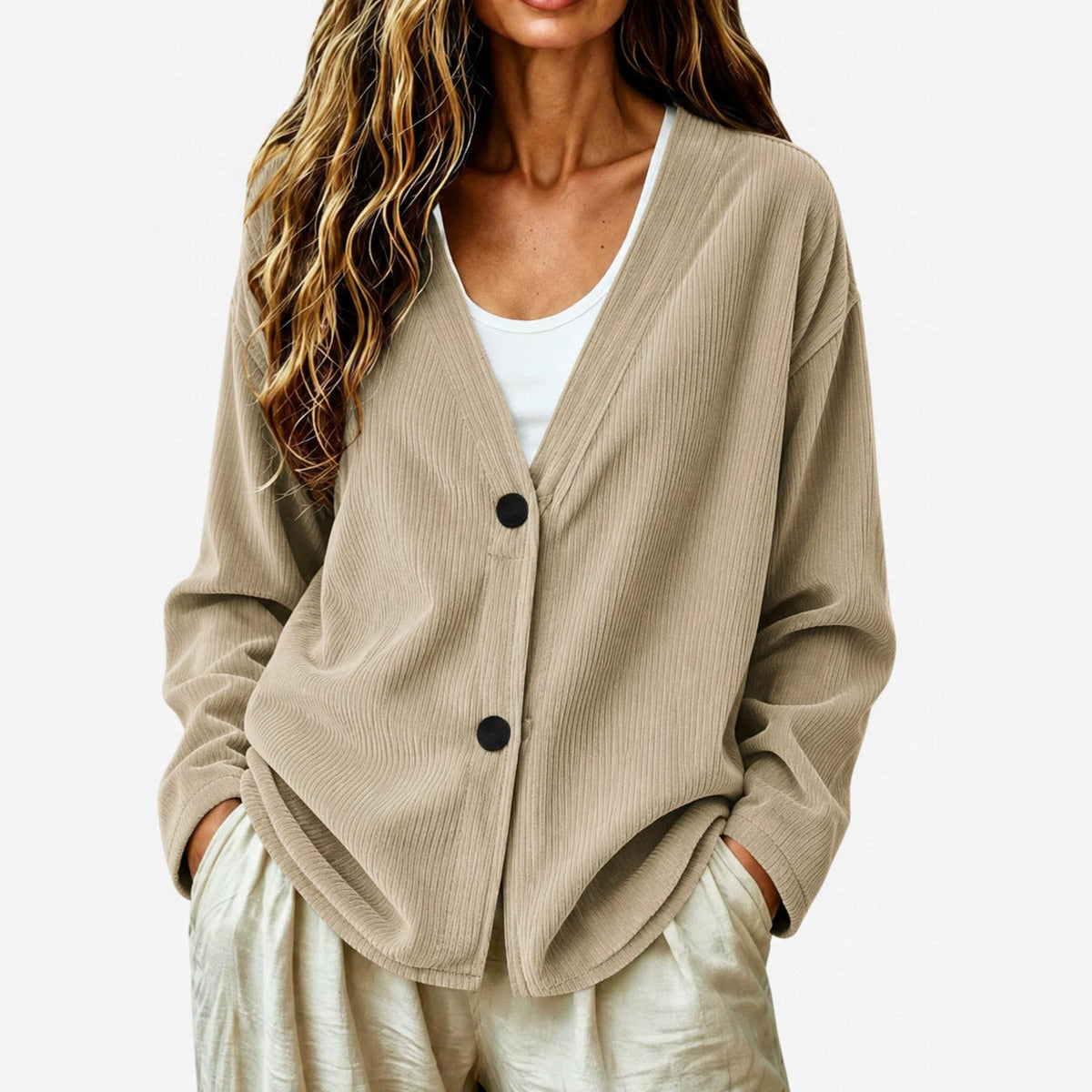 Women's Corduroy-Effect Cardigan – Relaxed Buttoned Fit