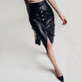 Women's Faux Leather Midi Skirt – Buttons and Front Slit