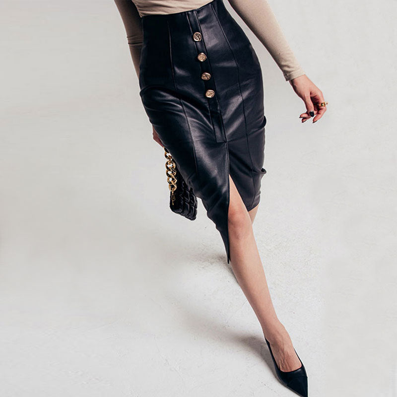 Women's Faux Leather Midi Skirt – Buttons and Front Slit