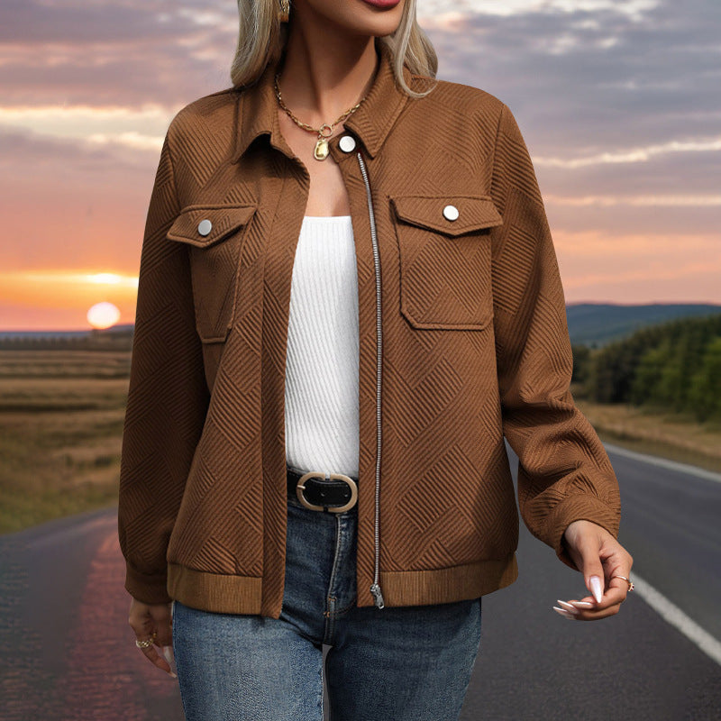 Women's Short Jacket - Textured Diamond-Pattern Fabric, Relaxed Fit