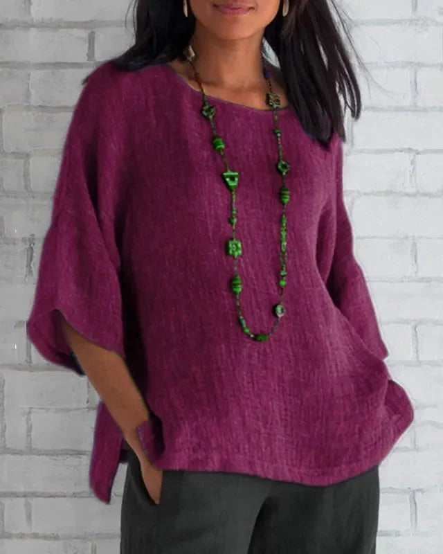 Women's Blended Linen Shirt – Trumpet Sleeves, Loose Fit