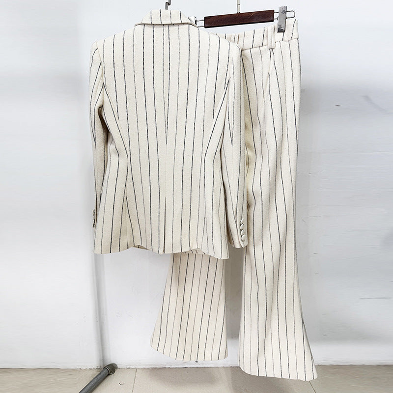 Women's Striped Two-Piece Set – Brushed Suit Jacket and Trousers
