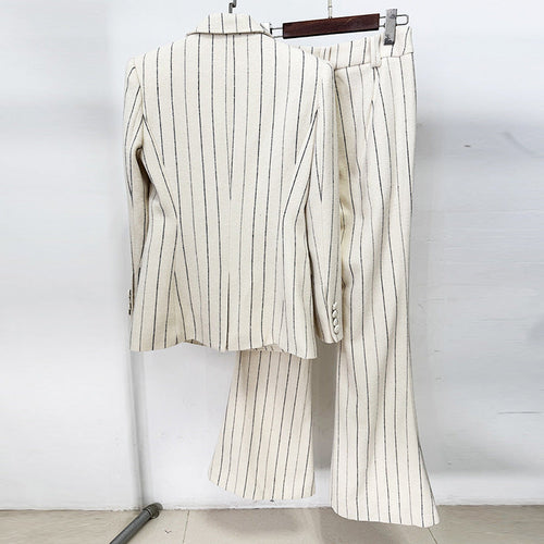 Women's Striped Two-Piece Set – Brushed Suit Jacket and Trousers