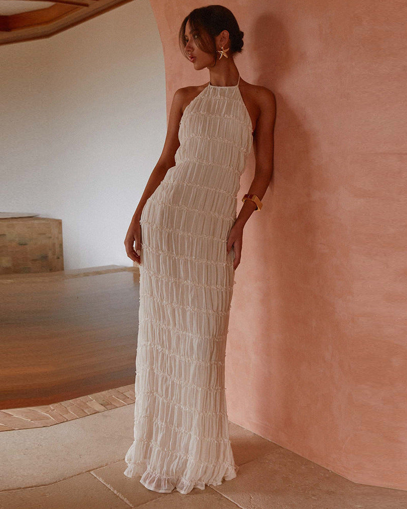 Women's Striped Pleated Maxi Dress – Elegant Halter Open Back