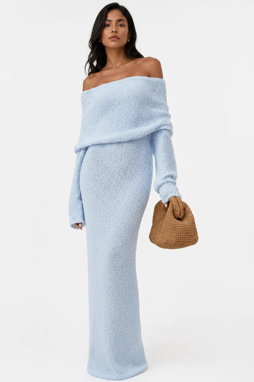 Women's Maxi Dress with Bare Shoulders – Large Draped Lapel, Flared Sleeves