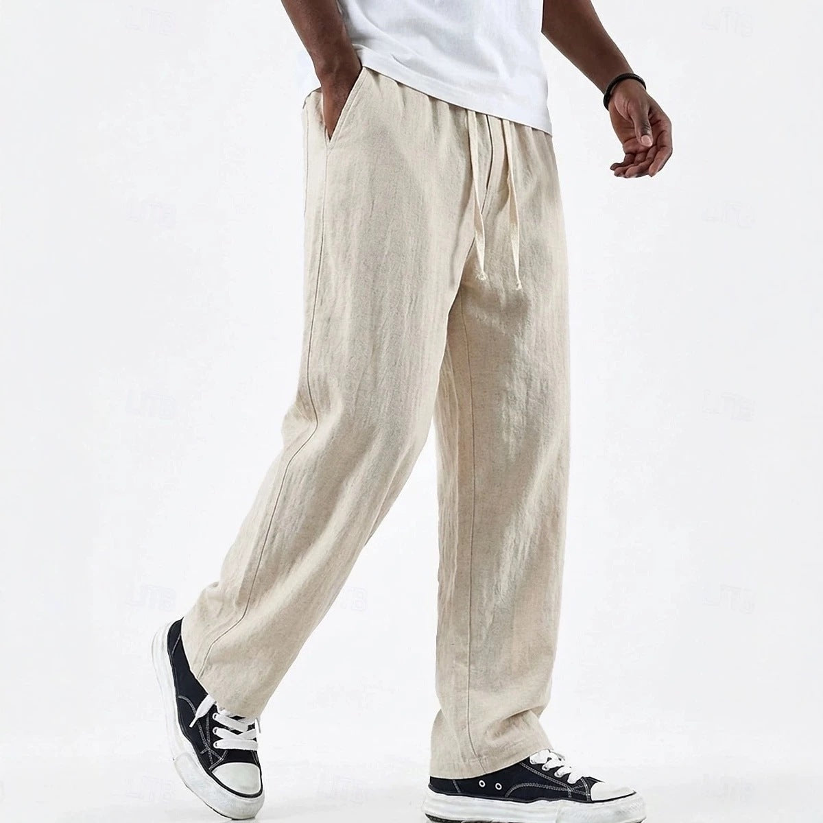 Men's Wide Cotton-Linen Pants – Loose Fit with Drawstring Waist