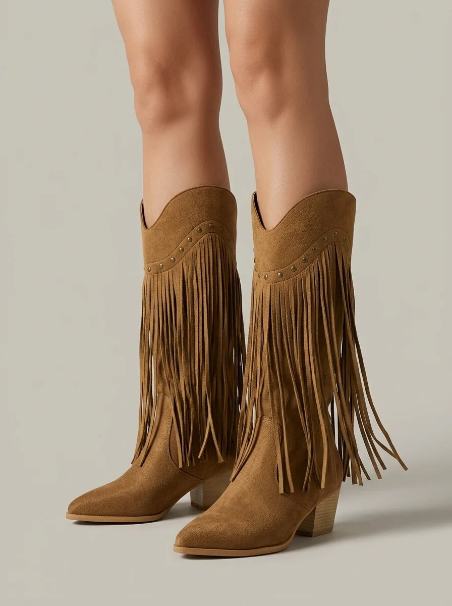 Women's Pointed-Toe High-Top Boots – Stud and Fringe Details